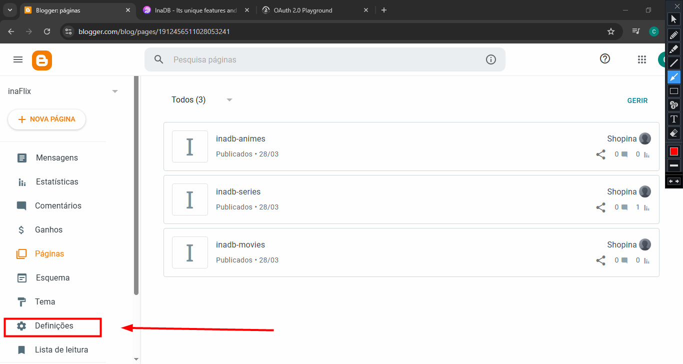 Tela de Importação no Blogger