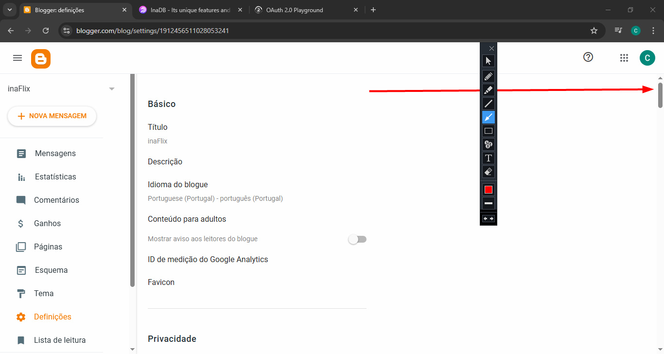 Configurações do Blogger, com a opção para rolar para baixo