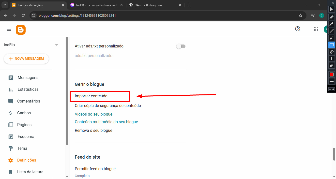 Tela mostrando a seção de gerenciamento do blog