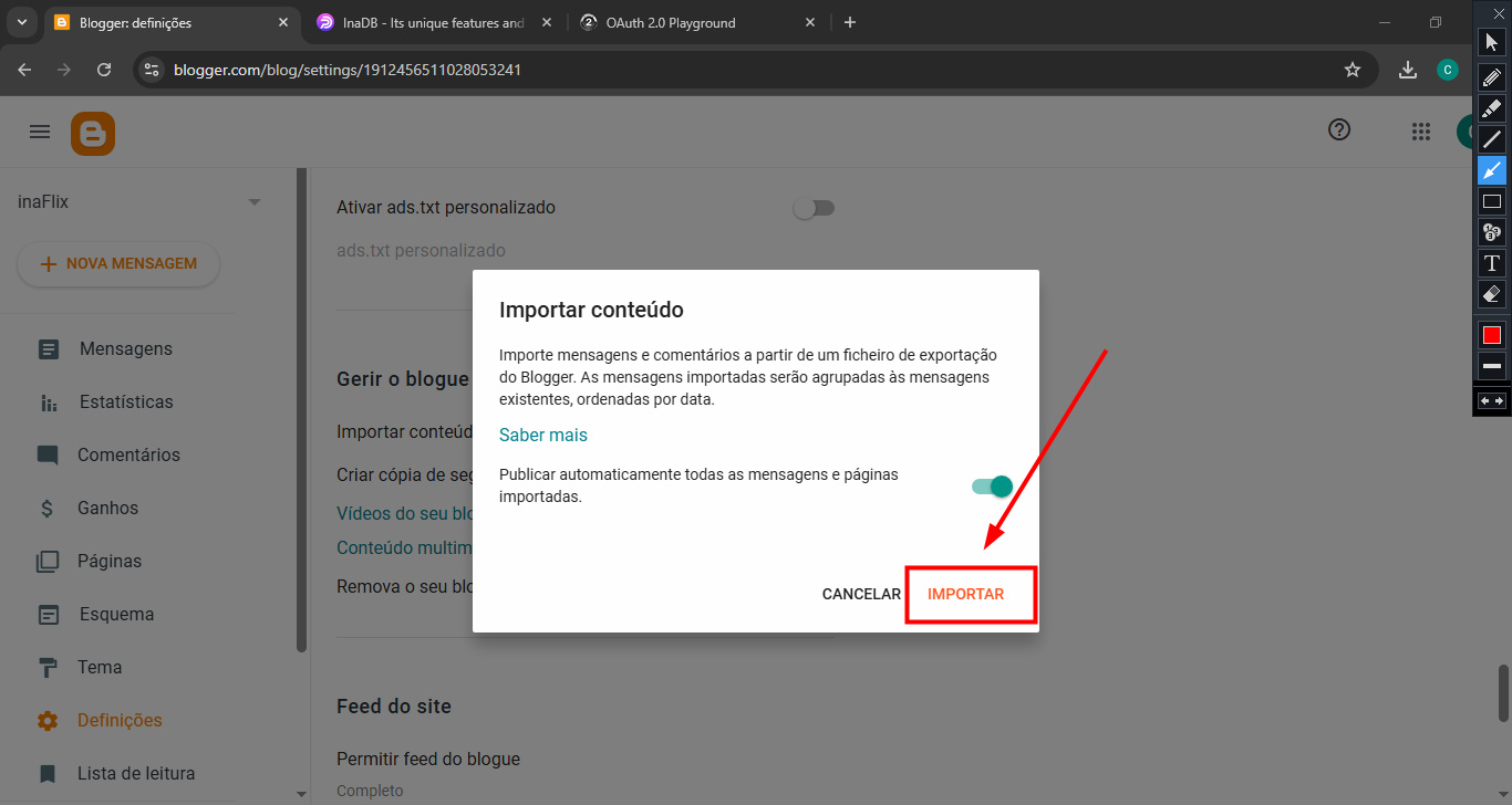 Botão de importação de conteúdo no Blogger