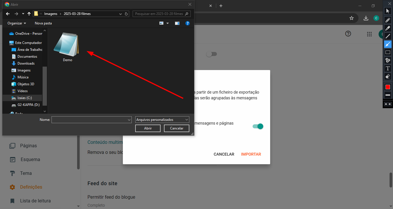 Tela mostrando a seleção do arquivo XML